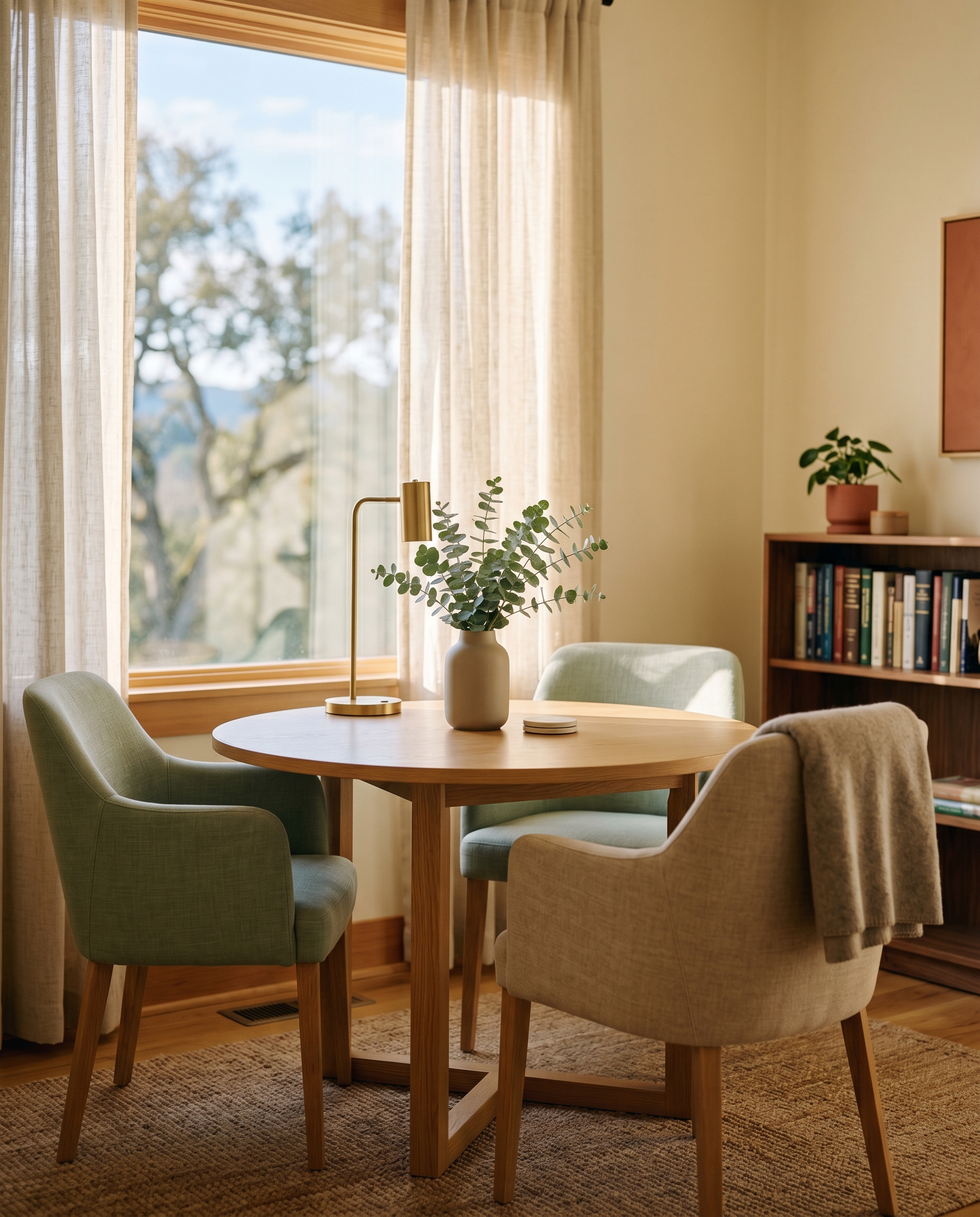 A warm, sunlit consultation room with a round oak table and chairs overlooking the Sonoma hills
